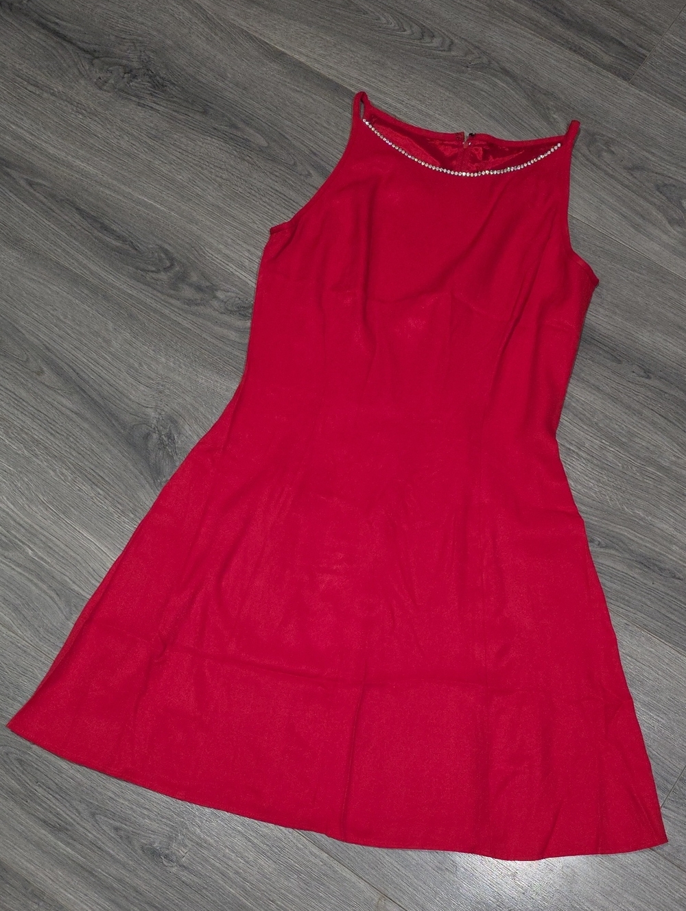 Jessica McClintock Red Sleeveless Midi Dress with Beaded Neckline